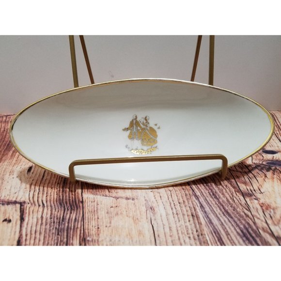 Vintage JKW Decor Carlsbad Bavaria Small Oval Dish Gold Trim Couple White - Picture 1 of 8
